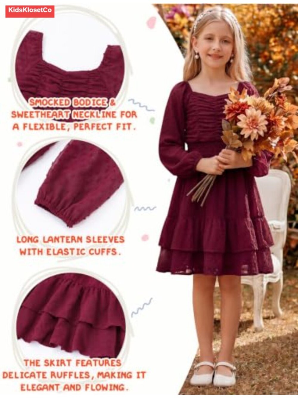 Girls Swiss Dot Chiffon Dress Long Sleeve A-Line Ruffle Casual Party - Picture 2 of 6